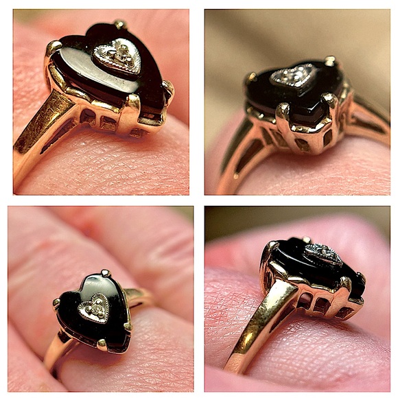 1980s estate Sz7.25 10kt solid YG/WG HEART ONYX & .01ct DIAMOND heart ring EUC - Picture 13 of 16